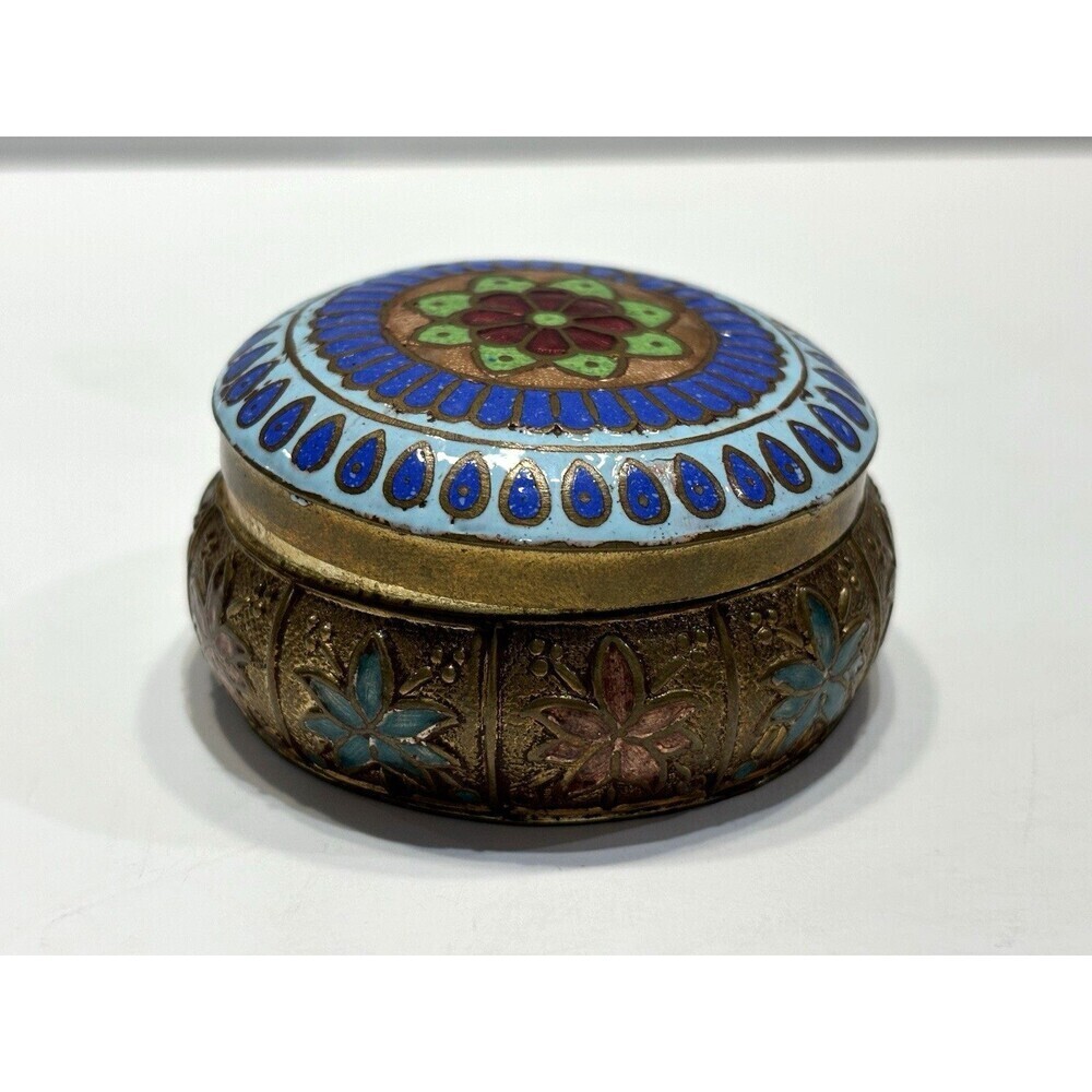 Vintage Hand Painted Round Cloisonne Enamel Trinket Box Floral Brass Metal
